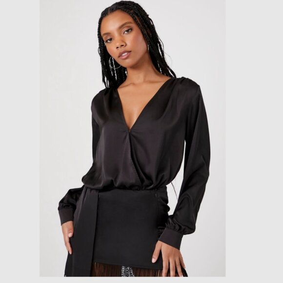 Black Satin Surplice Long Sleeve Bodysuit - 1X - Picture 1 of 11
